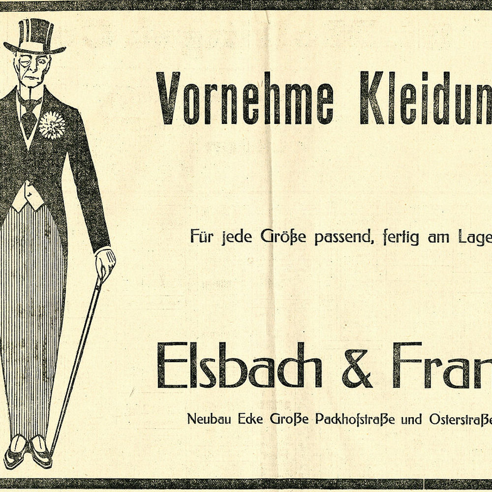 Hannover: Textilwerbung im Hannoverschen Anzeiger für das Kaufhaus Elsbach & Frank, Juni 1913. Scan vom Original: Claus-Peter Enders in Teamarbeit mit Bernd Schwabe. Wikimedia Commons
