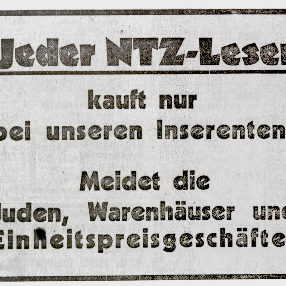Aufruf in der nationalsozialistischen Niedersächsischen Tageszeitung NTZ kurz nach der ersten antisemitischen Boykottwelle, 14. April 1933. Bildarchiv Historisches Museum Hannover