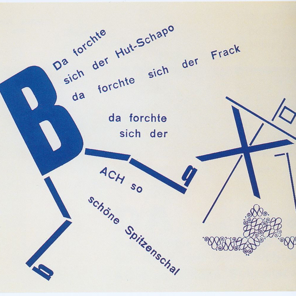 Hannover: Seite aus dem Kinderbuch von Kurt Schwitters, Käte Steinitz, Theo van Doesburg (typograph. Gestaltung): Die Scheuche. Märchen, 12 Seiten in Blau- u. Rotdruck, 1925. Kurt Schwitters Archiv im Sprengel Museum Hannover