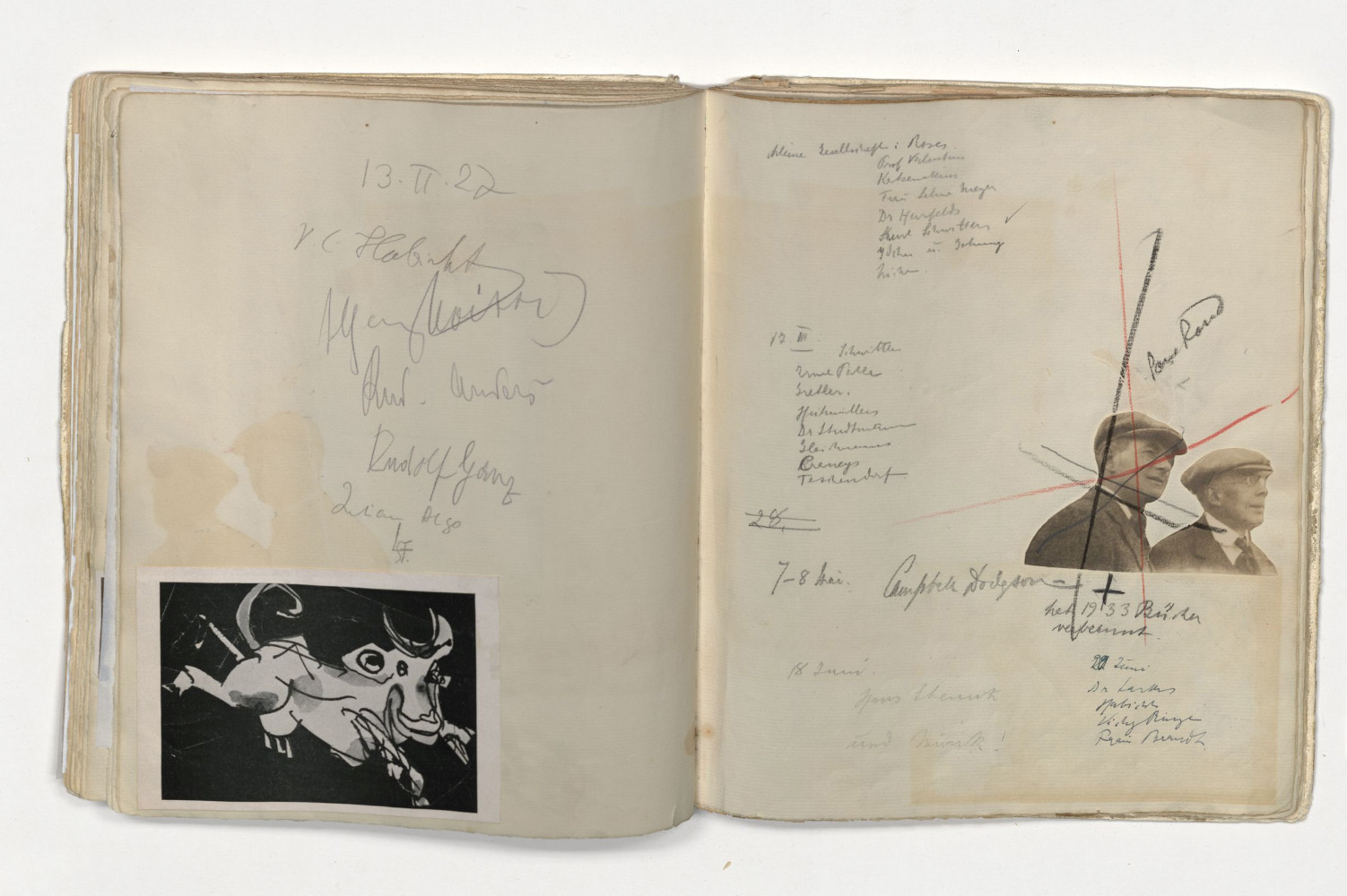 Hanover: "Burned books in 1933". Pages from the guest book belonging to the Ernst and Käte Steinitz family, kept 1920 - 1961. On the left, a drawing by Käte Steinitz from the book "Hahnepeter", on the right, the crossed-out photo of the art historian Victor Kurt Habicht, who organised the book burning of 10 May 1933 in Hanover. Sprengel Museum Hanover, property of: art collection of the City of Hanover