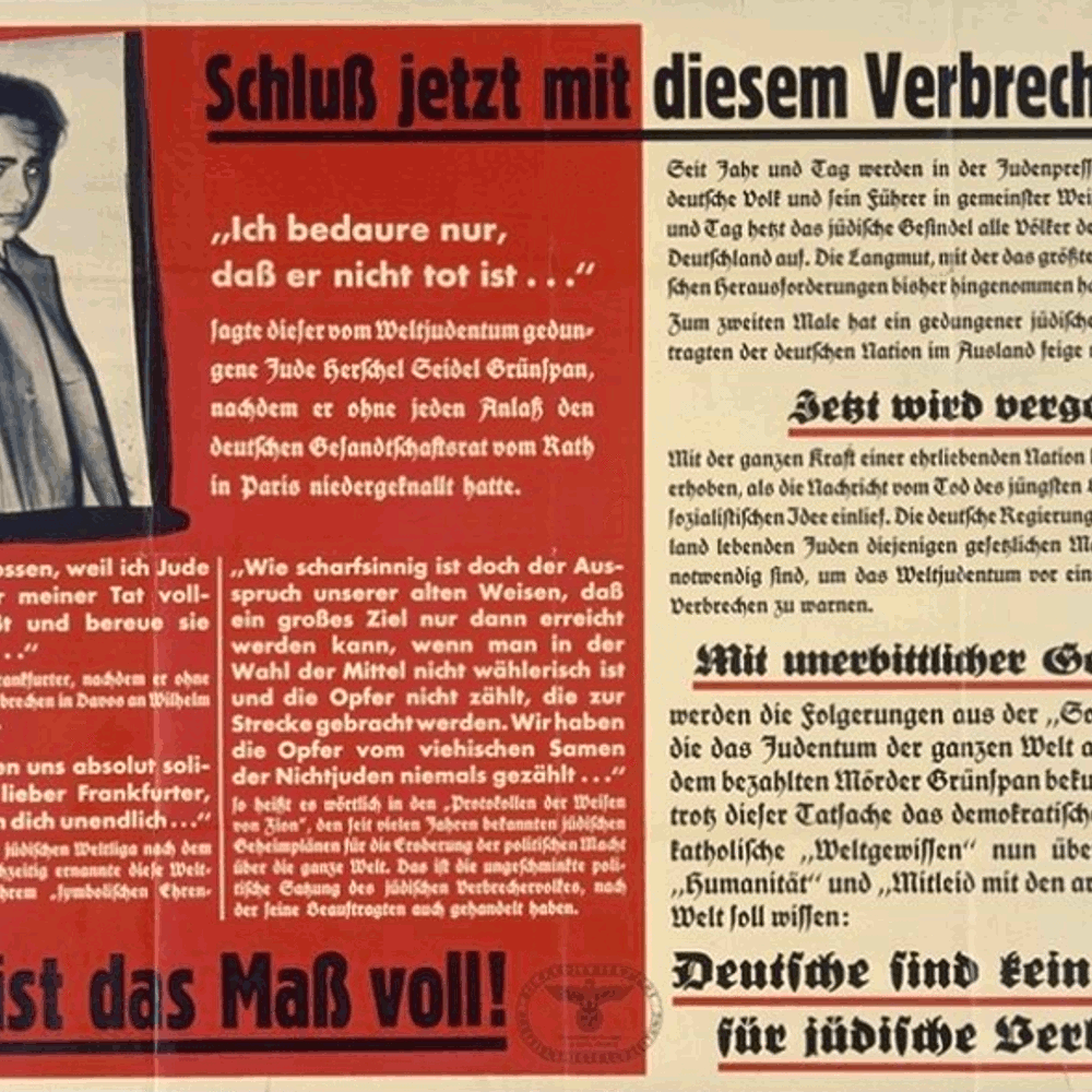 Propaganda nach der Pogromnacht: Die Parole der Woche, Parteiamtliche Wandzeitung der NSDAP: „Schluss jetzt mit diesem Verbrecherpack“, Zentralverlag der NSDP, München 1938. Bundesarchiv Plak 003 009 084
