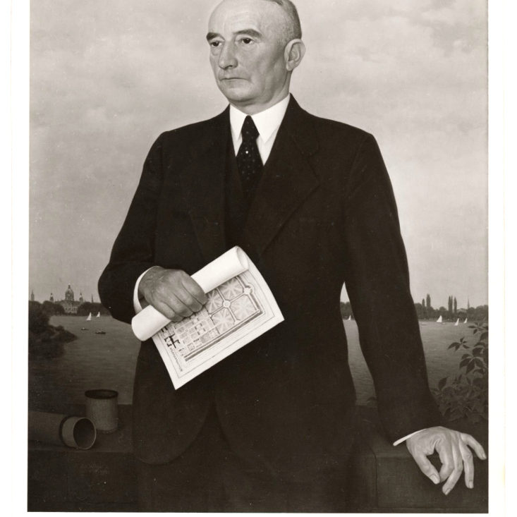 Hannover: Der rechtskonservative Kommunalpolitiker Arthur Menge war 1925-1937 Oberbürgermeister. Hier ein Porträt von Prof. Adolf Wissel, ausgestellt 1942 bei der Großen Deutschen Kunstausstellung im Haus der Deutschen Kunst in München. Dargestellt sind zwei "Leuchttürme" der NS-Stadtpolitik: Als Hintergrund der Maschsee, in Menges Händen ein Plan der im Jahre 1936 kommunalisierten Herrenhäuser Gärten. Bildarchiv Historisches Museum Hannover