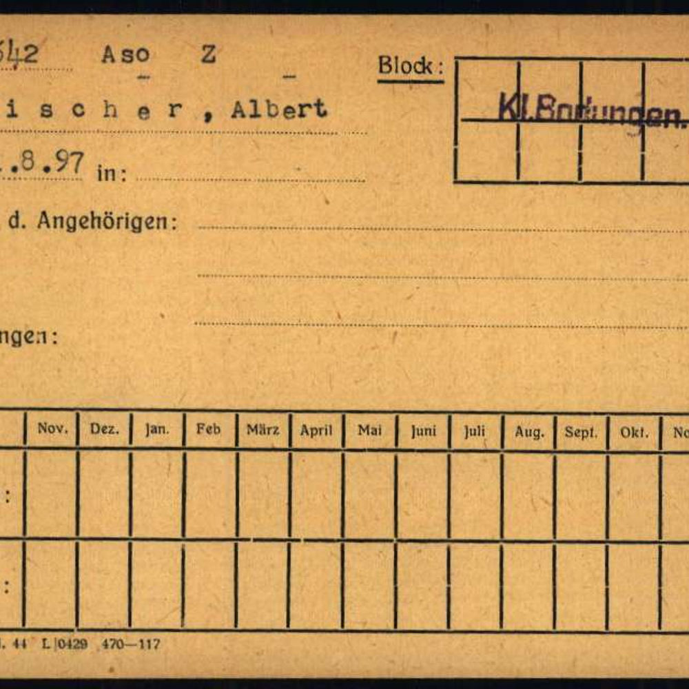 Postkontrollkarte für Albert Fischer im Konzentrations-Außenlager Kleinbodungen, Thüringen. Quelle: Postkontrollkarte Albert Fischer, Individuelle Häftlings Unterlagen - KL Mittelbau (Dora), 1.1.27.2 / 2592735 / ITS Digital Archive, Arolsen Archives