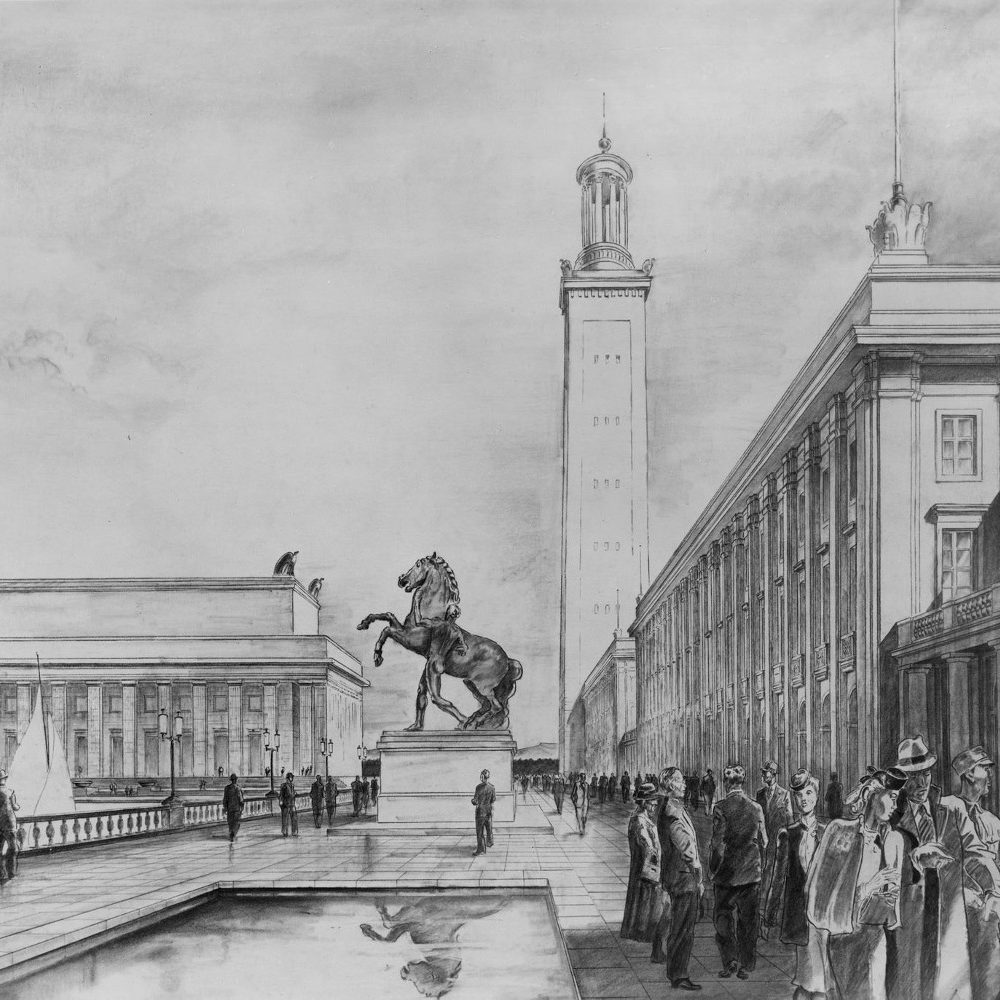 Hannover: Skizze zum geplanten Gauforum am Maschsee. Parteibauten, Glockenturm, links Halle der Volksgemeinschaft. Städtische Bauverwaltung Hannover, 1939. Bildarchiv Historisches Museum Hannover