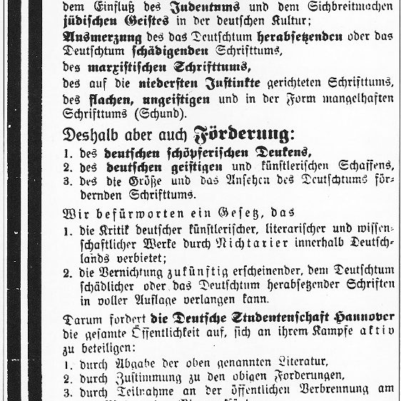 Hannover: Aufruf zur Bücherverbrennung, Hannover 1933. in: Rainer Hoffschildt, Die Bücherverbrennung am 10. Mai 1933 [in Hannover], in: Olivia. Die bisher geheime Geschichte des Tabus Homosexualität und der Verfolgung der Homosexuellen in Hannover, Hannover: Selbstverlag, 1992