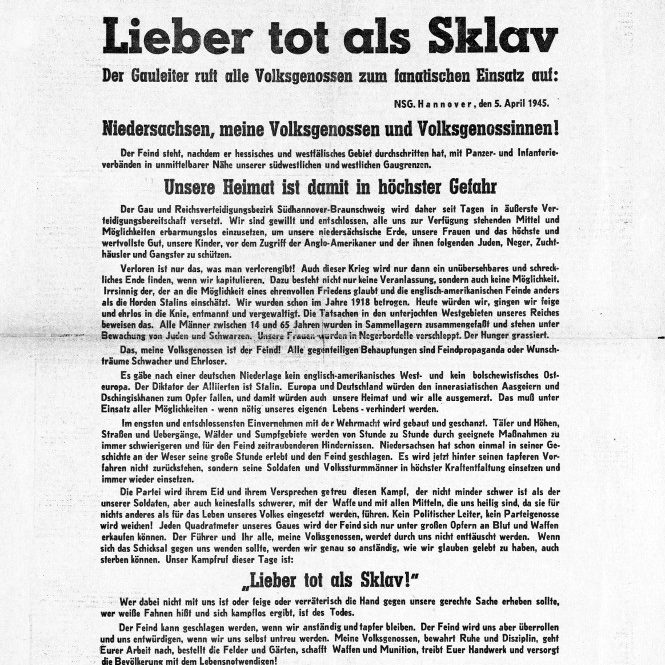 "Fanatischer Einsatz": Aufruf des Gauleiters Hartmann Lauterbacher in der Hannoverschen Zeitung vom 5. April 1945. Bildarchiv Historisches Museum Hannover