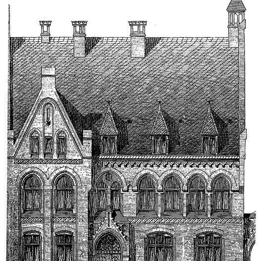 Hannover: Jüdisches Gemeindehaus Lützowstraße 3, Straßenfront. Architekturzeichnung aus: Peter Eilitz: Leben und Werk des königl. hannoverschen Baurats Edwin Oppler. In: Hannoversche Geschichtsblätter. Neue Folge, Band 25, 1971