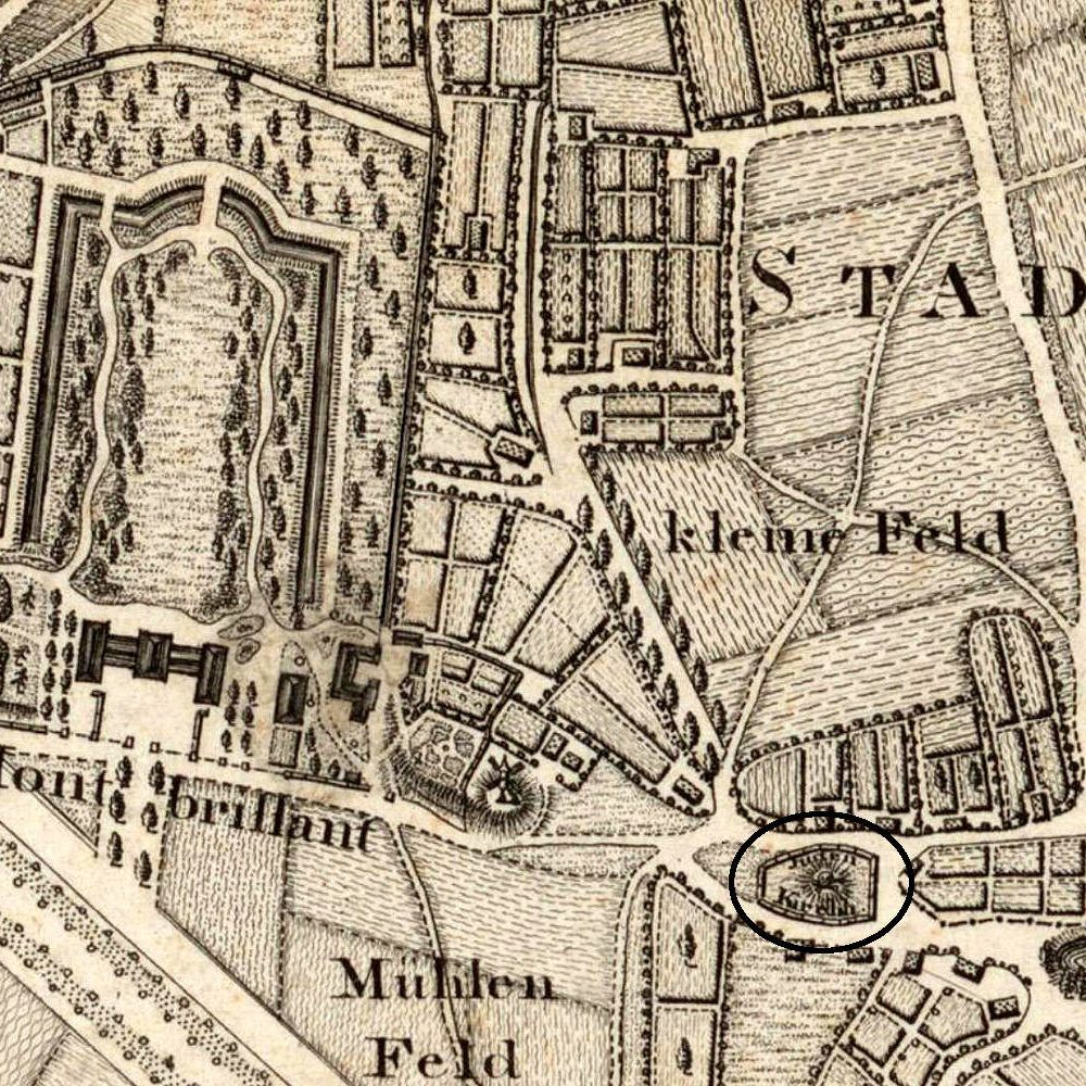 Plan von Hannover, 1807. Der Auszug zeigt den jüdischen Friedhof (markiert mit Kreis) weit vor der Stadt. Links die Herrenhäuser Allee, an der Stelle des Schlosses Montbrillant steht heute das Hauptgebäude der Universität.