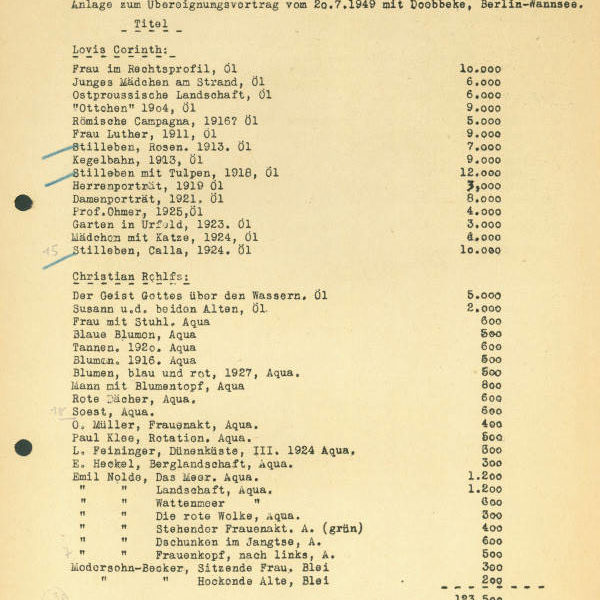 „Anlage zum Übereignungsvertrag vom 20.7.1949 mit Doebbeke, Berlin-Wannsee“, Seite 1 von 3, 20. Juli 1949. In der Ankaufsliste das Gemälde "Römische Campana" von Lovis Corinth. Quelle: Stadt Hannover. Wikimedia Commons