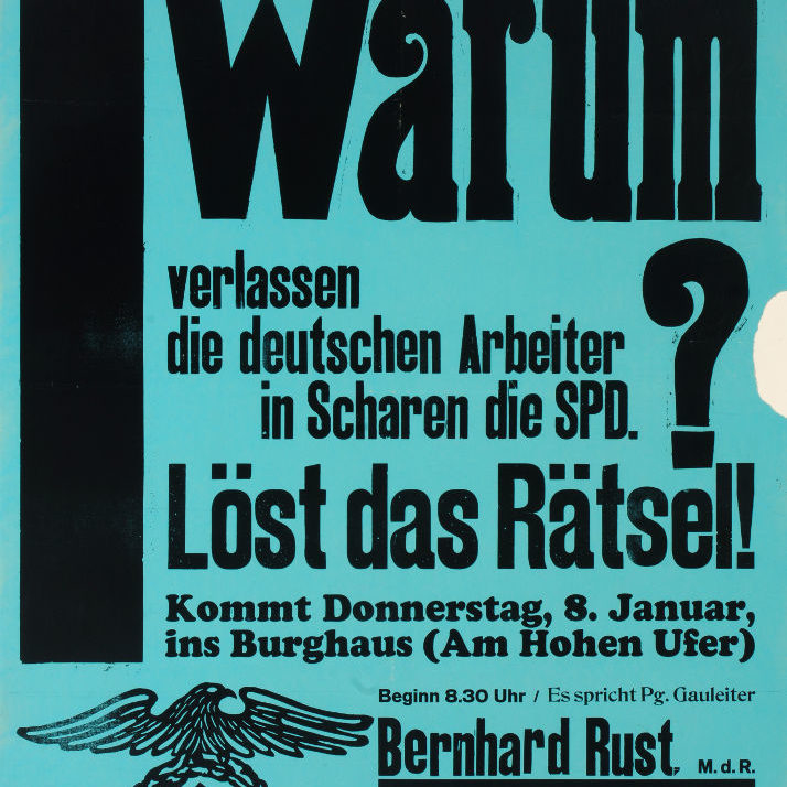 Hannover: „Juden haben keinen Zutritt“: Plakat für eine Veranstaltung der NSDAP im Burghaus mit dem Hauptredner Gauleiter Bernhard Rust, ohne Jahr (1932). Bildarchiv Historisches Museum Hannove