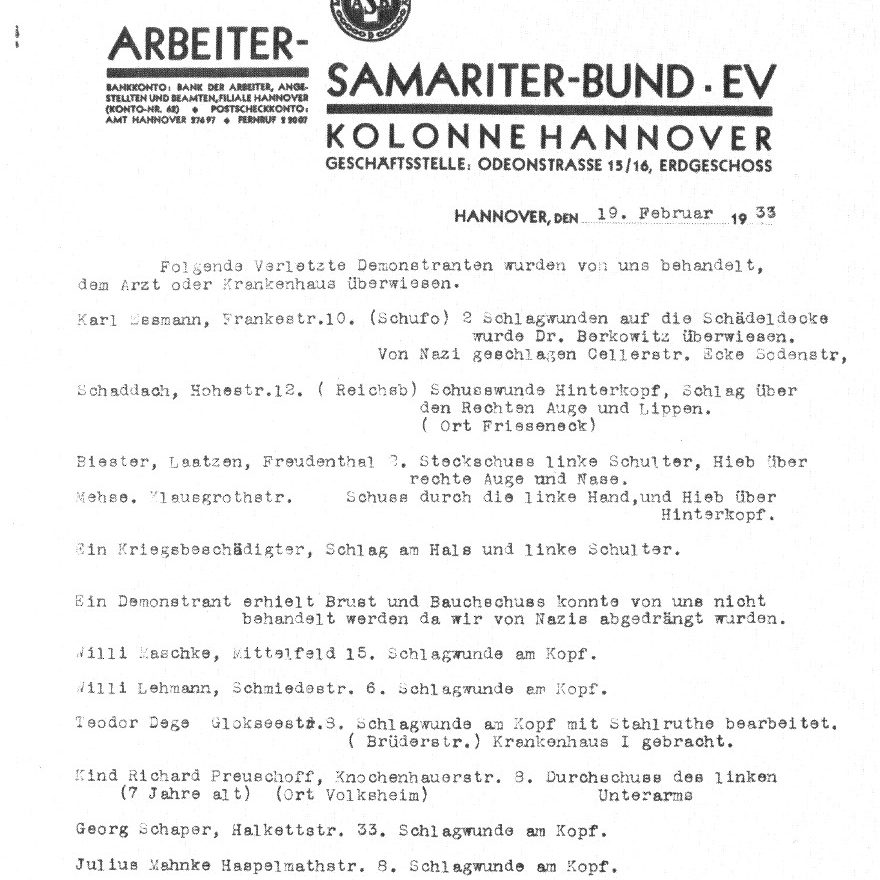Hannover: Arbeiter-Samariter-Bund, Bericht über die Versorgung von Opfern rechter politischer Gewalt am 19. Februar 1933. Stadtarchiv Hannover