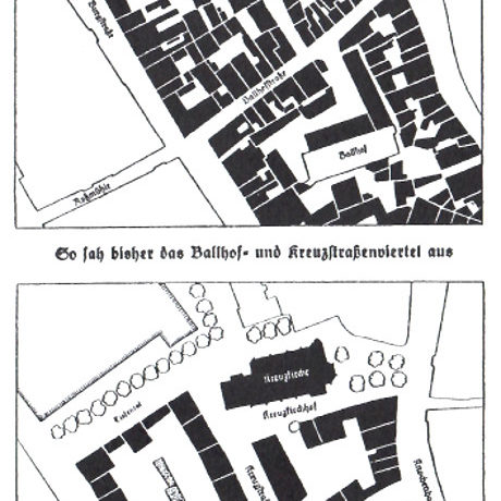 Hannover. Ziele der NS-Altstadtsanierung im Kreuzkirchenviertel: Entkernung der Innenhöfe, Abriss der Ballhofstraße, Öffnung des Ballhofs zu einem neuen Platz. Sanierungsplan um 1936. Bildarchiv Historisches Museum Hannover
