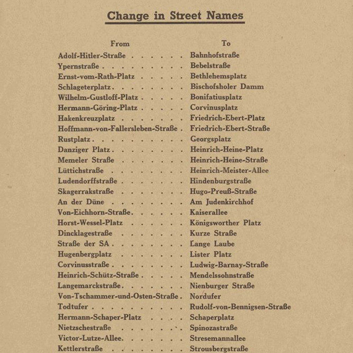 Hannover: Die britische Militärregierung ließ am 1. Mai 1945 den Anschlag "Change in street names" an allen Litfaßsäulen und Anschlagflächen der Stadt plakatieren. Plakatsignatur StadtA H 4.PK.01 Nr. 1/1. Stadtarchiv Hannover