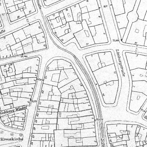 Stadtplan Hannover, Maßstab 1:1000, Ausschnitt, Mitte rechts Limburgstraße/Heiligerstraße. Stadtbauamt Hannover, 1930er Jahre