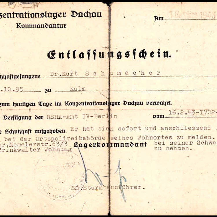 Kurt Schumacher’s discharge card from Dachau concentration camp dated March 1943. SPD Party Executive, copy: Archive of Social Democracy / Friedrich Ebert Foundation