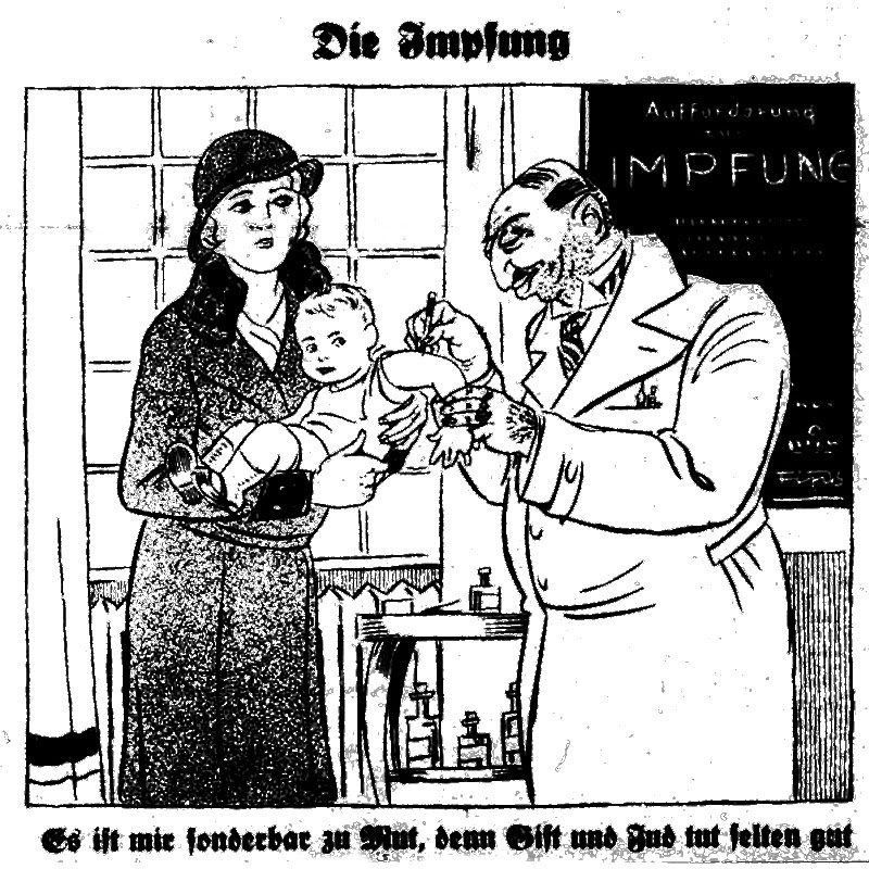 Die deutsche Mutter und der jüdische Kinderarzt. Antisemitische Karikatur von Fips (= Philipp Rupprecht) aus Der Stürmer, 1932. https://germanpropaganda.blogspot.com/2015/02/julius-streicher-and-vaccinations.html
