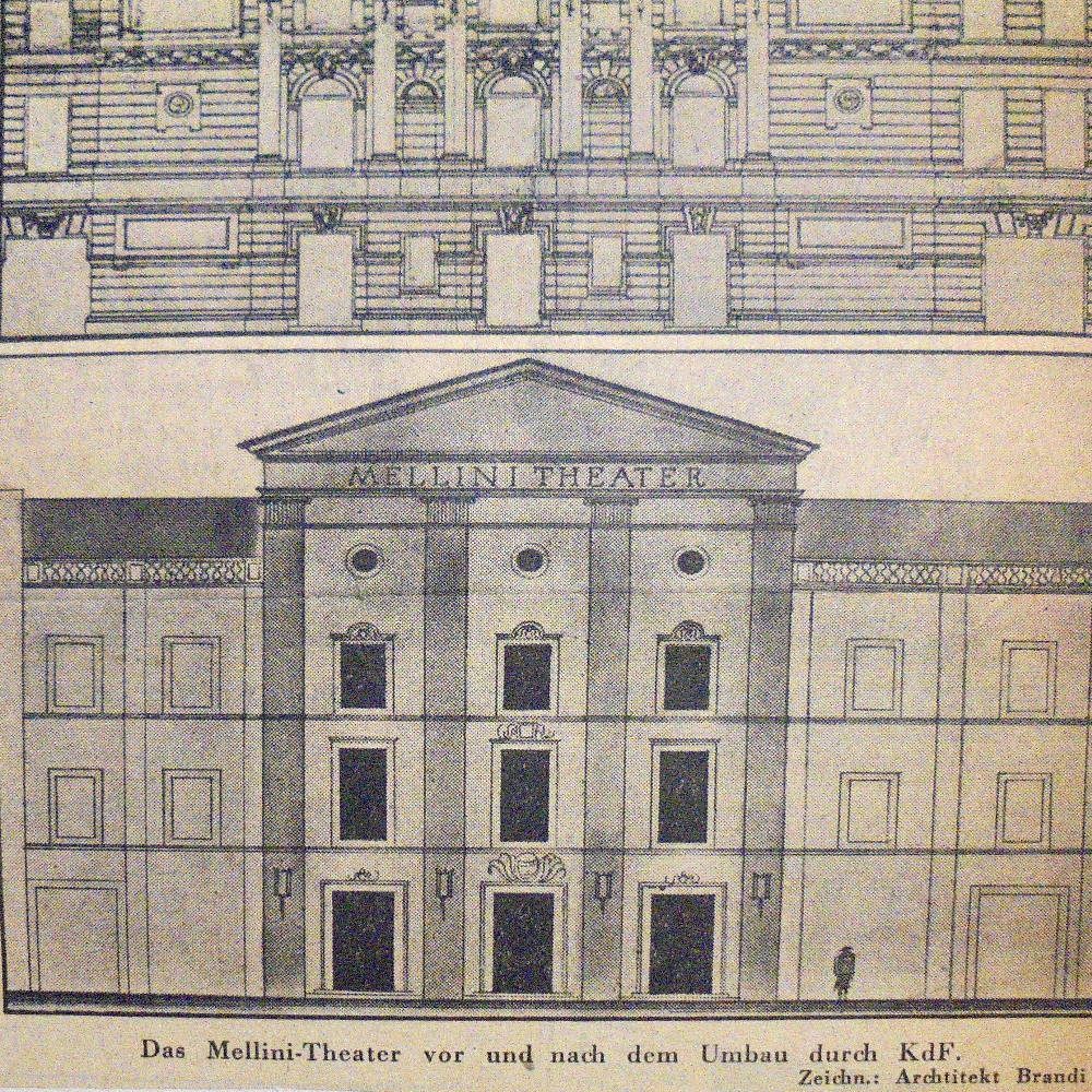 Hanover: "The Mellini Theatre before and after being reconstructed by Strength through Joy (KdF)". Architectural sketch in the Lower Saxony Daily Newspaper (NTZ) of 29/30 July 1939. Lower Saxony State Archives Hanover Hann. 210 Acc. 2002/141 No. 8.
