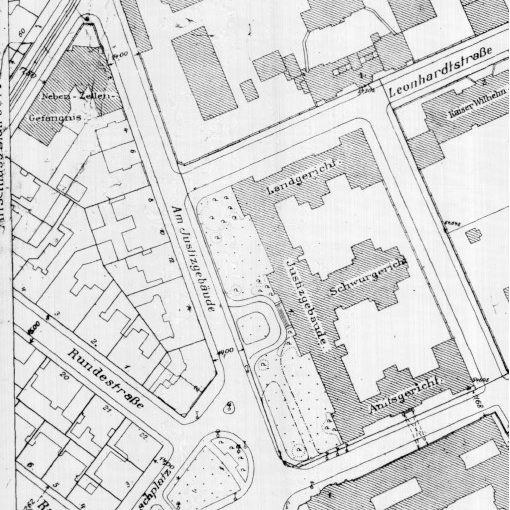 Hannover: Justizgebäude und Gerichtsgefängnis hinter dem Hauptbahnhof. Stadtplan Hannover, Maßstab 1:1000. Stadtbauamt Hannover, 1930er Jahre