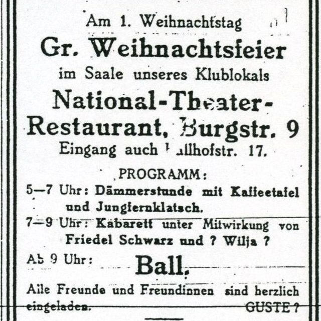 Ab 1919 betrieb ein Gastwirt im Ballhof als „Klublokal“ für Homosexuelle das „National-Theater-Restaurant“. Friedel Schwarz (1886-1943), Damenimitator aus Hannover, wurde 1939 wegen Vergehen gegen § 175 verhaftet und 1941 als „gefährlicher Gewohnheitsverbrecher“ zu vier Jahren Zuchthaus mit anschließender Sicherungsverwahrung verurteilt. Er starb im KZ Neuengamme am 3. April 1943. Anzeige in „Die Freundschaft, 1919/20, Sammlung Rainer Hoffschildt